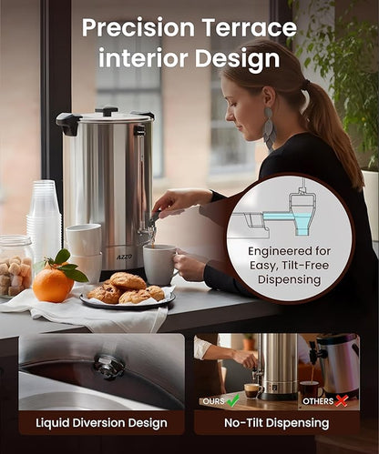 Commercial Coffee Maker 110-Cup Large Percolator Coffee Pot Electric Dispenser, Double Wall Stainless Steel Hot Water Urn for Quick Brew with No-Drip, 16L Cup Scale for Catering Events