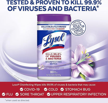 Lysol Disinfectant Wipes, Multi-Surface Antibacterial Cleaning Wipes, Dorm Room Essentials for Disinfecting and Cleaning, Early Morning Breeze, 80 Count (Pack of 6)