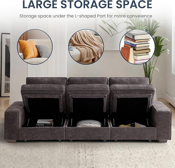 TEKAMON 73" Modular Sofa Couch with Seat Storage, Comfy 2-Seater Chenille Fabric Loveseat Sofa for Living Room, Office, RV, Apartment W/Deep Seat, Wide Arms, USB, Side Pockets, Washable Cover(DkGrey)
