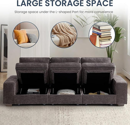 TEKAMON 128" Modular Sofa Couch with Seat Storage, Modern Comfy Long 4-Seater Chenille Couch for Living Room, Office, Apart W/Deep Seat, Wide Armrest, USB Port, Side Pockets, Washable Covers (DkGrey)
