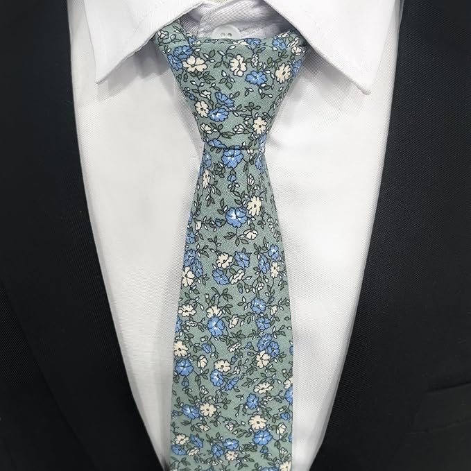 Cotton Floral Ties for Men 2.76" Men's Skinny Tie Linen Flower Printed Neck Tie for Wedding Dating Party