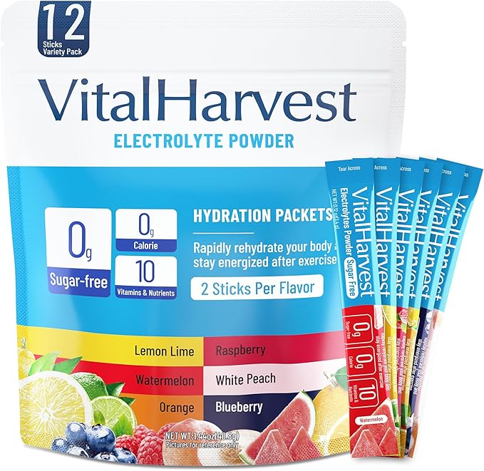 VitalHarvest 12 Sticks Electrolytes Powder Packets 6 Flavors Sugar Free Hydration Packets Electrolyte Liquid Daily IV Drink Mix with Lemon Lime, Watermelon, Orange, Raspberry, White Peach, Blueberry