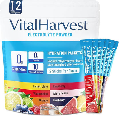 VitalHarvest 12 Sticks Electrolytes Powder Packets 6 Flavors Sugar Free Hydration Packets Electrolyte Liquid Daily IV Drink Mix with Lemon Lime, Watermelon, Orange, Raspberry, White Peach, Blueberry