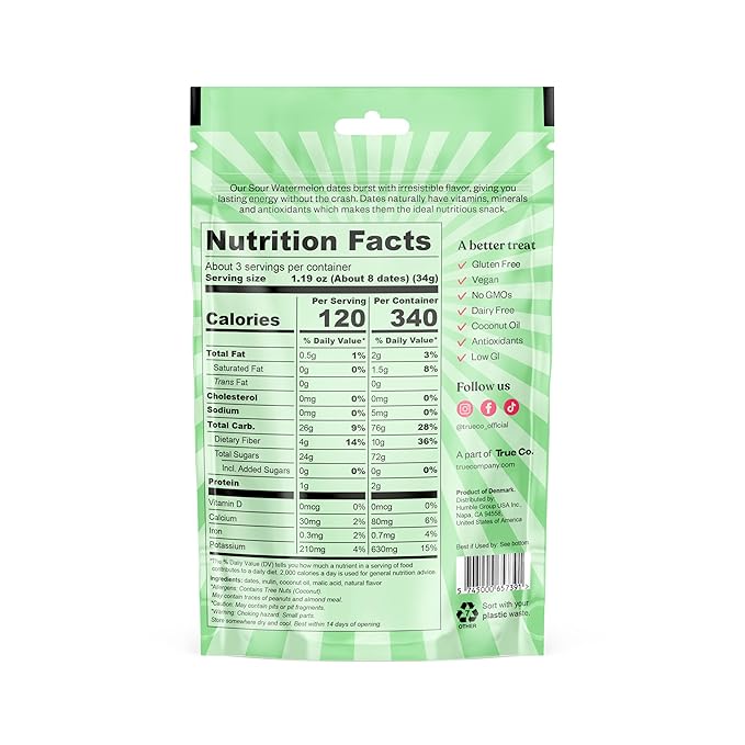 True Dates Candy Dates - Sour Watermelon - Dates With Candy Flavor, Vegan, No Added Sugar, Gluten Free - 3.5oz Bags (4 Pack)