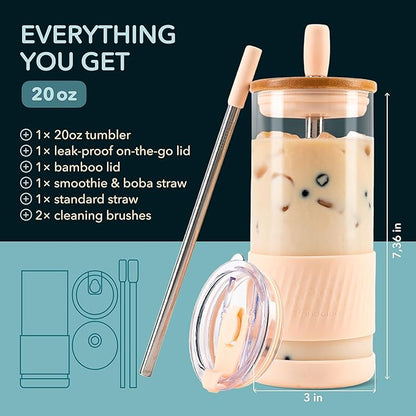 Pandaloo® Glass Cups With Lids and Straws -20 Fl Oz- Perfect Size Iced Coffee Cup - Smoothie Cup With Bamboo Lid and On the go Lid - Glass Tumbler With Straw (1 Count (Pack of 1), Vanilla Cream)