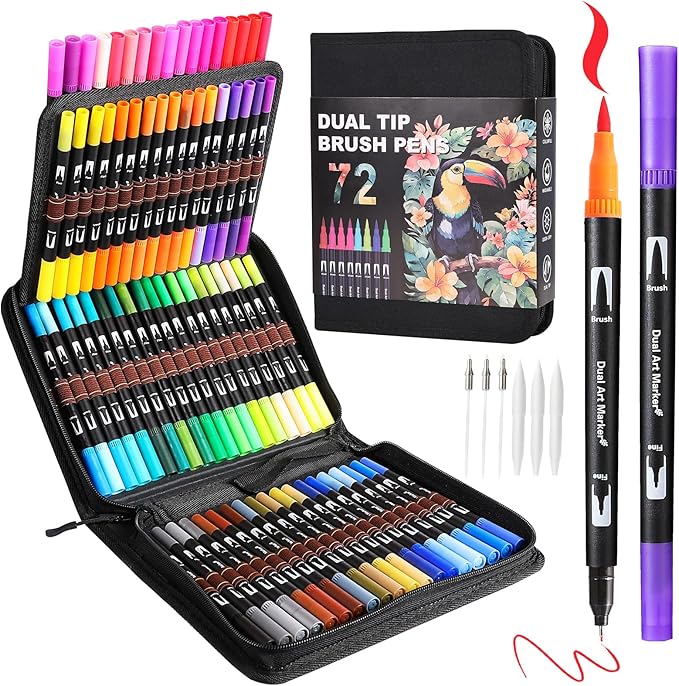 Art Markers Pens Dual Tip Markers Set with Fine & Brush Nib for Adult Coloring Book Christmas Gifts for Teens Calligraphy & Drawing Art Supplies Kit for Kids and Adults (72 Colors)