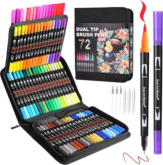 Art Markers Pens Dual Tip Markers Set with Fine & Brush Nib for Adult Coloring Book Christmas Gifts for Teens Calligraphy & Drawing Art Supplies Kit for Kids and Adults (72 Colors)