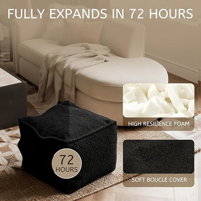 Square Boucle Pouf Ottoman Footrest – Soft & Lightweight Footstool with Foam Filling for Living Room & Bedroom, Laid-Back Lounge Style
