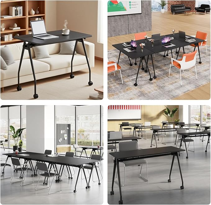Folding Conference Table, Rectangular Conference Room Tables, Mobile Modular Training Table, Solid Steel Frame,Thickened Panel,for Offices,Meeting Room,Offices andSchools (2, A-Black, 47in)