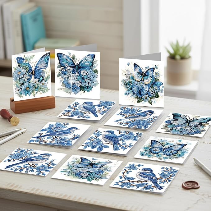 jinglinhh 12pcs Diamond Art Painting Butterfly Bluebird Greeting Cards with Envelopes, DIY Card Making Kits for Adults, Diamond Art Postcards Christmas Cards Craft Gifts