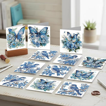 jinglinhh 12pcs Diamond Art Painting Butterfly Bluebird Greeting Cards with Envelopes, DIY Card Making Kits for Adults, Diamond Art Postcards Christmas Cards Craft Gifts