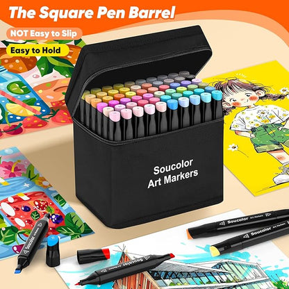 Soucolor Alcohol Markers Art Set, Aesthetic Cute Preppy Stuff School Supplies,Art Kits Supplies Gifts for Teens Girls Boys,101 Dual Tip Sketching Coloring Drawing Markers for Kids Adult Coloring Books