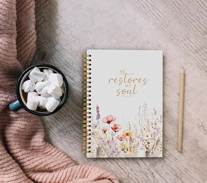 Christian Notebook for Women, Christian Art Gifts Journal, Prayer Journal for Women, Bible Journaling Notebook, PSALM 23:3 He Restores My Soul Floral Spiral Notebook 5.5x8.3