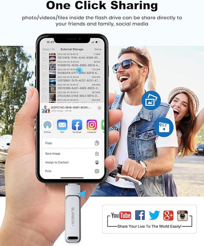 MFi Certified 256GB Flash Drive for iPhone Photo Stick, USB Memory Stick High Speed iPhone Flash Drive, External Memory Storage USB Stick Thumb Drive for iPhone/iPad/Android/PC (Metallic Silver)