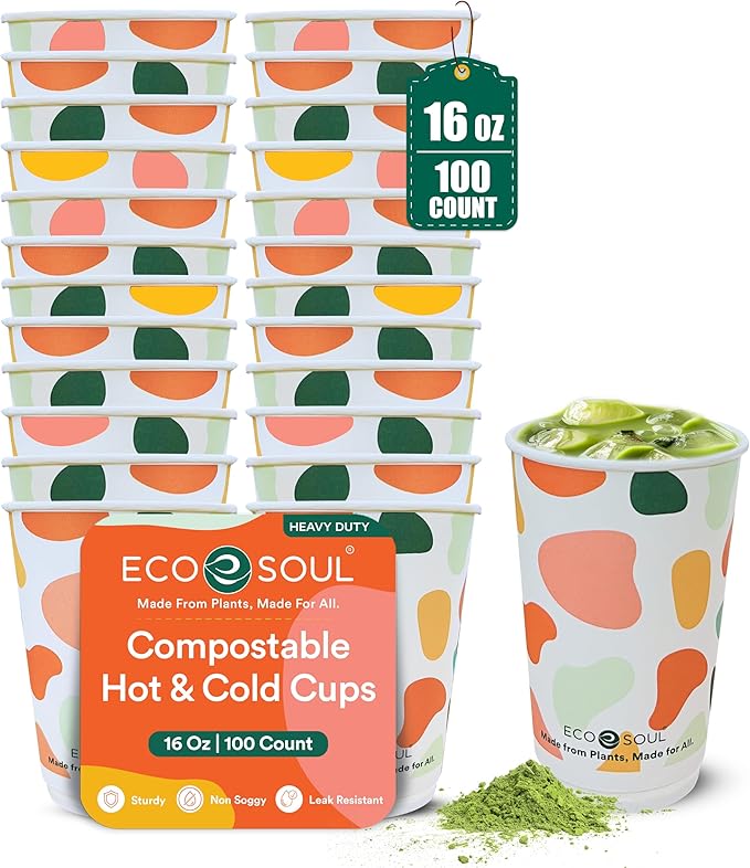 ECO SOUL 16 Oz Disposable Paper Cups,Hot/Cold Beverage Paper Drinking Cups, Leakproof Printed Cups for Cafe, Office, Party (100)