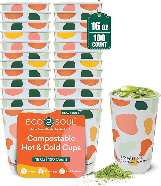 ECO SOUL 16 Oz Disposable Paper Cups,Hot/Cold Beverage Paper Drinking Cups, Leakproof Printed Cups for Cafe, Office, Party (100)