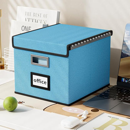 Huolewa Portable File Organizer Box Office Document Storage with Lid, Linen Hanging Filing Storage Boxes, Decorative Home/Office Filing System for File and Folders Storage (Sky-blue)