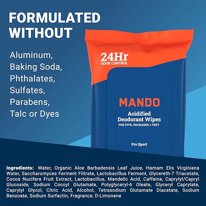 Mando Deodorant Wipes - 24 Hour Odor Control - Aluminum Free, Baking Soda Free, Skin Safe - 45 Count (2 Pack)