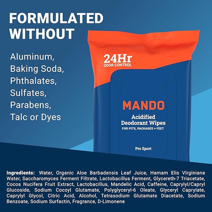 Mando Deodorant Wipes - 24 Hour Odor Control - Aluminum Free, Baking Soda Free, Skin Safe - 45 Count (2 Pack)