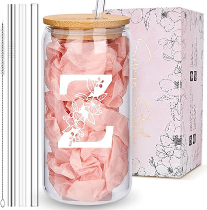 Personalized Tumbler, Monogrammed Can Glass Cups with Bamboo Lids and Straws, Customized Gifts for Women, Cute Design Initial Iced Coffee glasses, Custom Letter Mug, Birthday Bridesmaid, Z