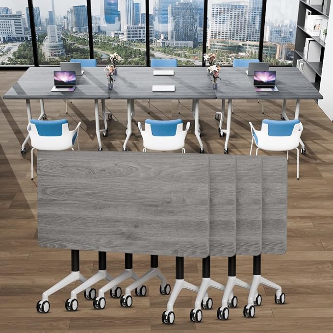 Conference Table Folding Conference Room Tables, Modern Mobile Meeting Training Table with Silent Wheels, Foldable Seminar Table for Offices, Classrooms, Libraries (4, Grey2, 55.1in)