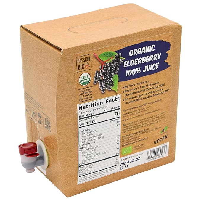 Organic Elderberry Juice Box 101.4 Fl Oz | Pure Fruit Juice, Not From Concentrate | Organic, Vegan, Non-GMO | No Added Sugar, Easy-Pour Tap Packaging