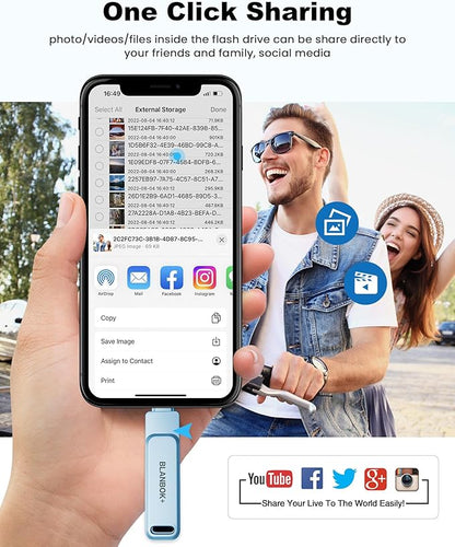 MFi Certified 512GB Flash Drive for iPhone Photo Stick, USB Memory Stick iPhone Flash Drive for Photos Videos, High Speed External Storage USB Stick Thumb Drive for iPhone/iPad/Android/PC(Sky Blue)