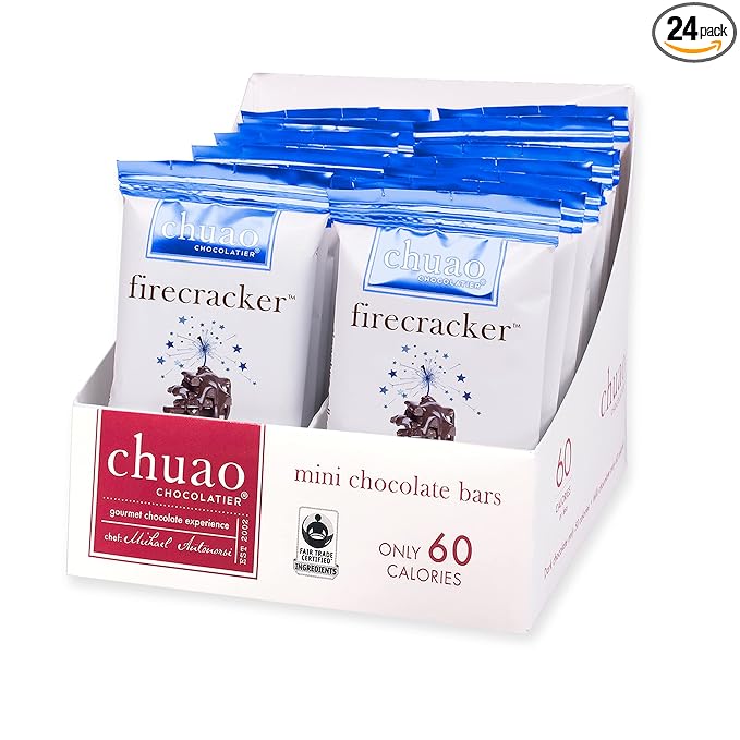 Chuao Chocolatier Firecracker Dark Chocolate Mini Bars | Gourmet Sea Salt Chipotle Popping Candies No Preservatives | For Gift Baskets, Christmas, Birthday, Care Package | 24 Pack