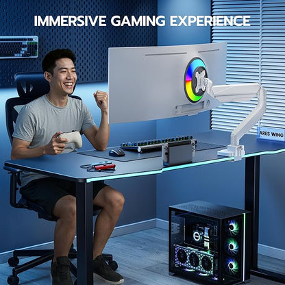 ARES WING Ultrawide Monitor Arm, Heavy Duty Single Monitor Mount for 13"-49" Curved Screens, Adjustable Stand for Desk with C-clamp & Grommet Base up to 40 LBS, White
