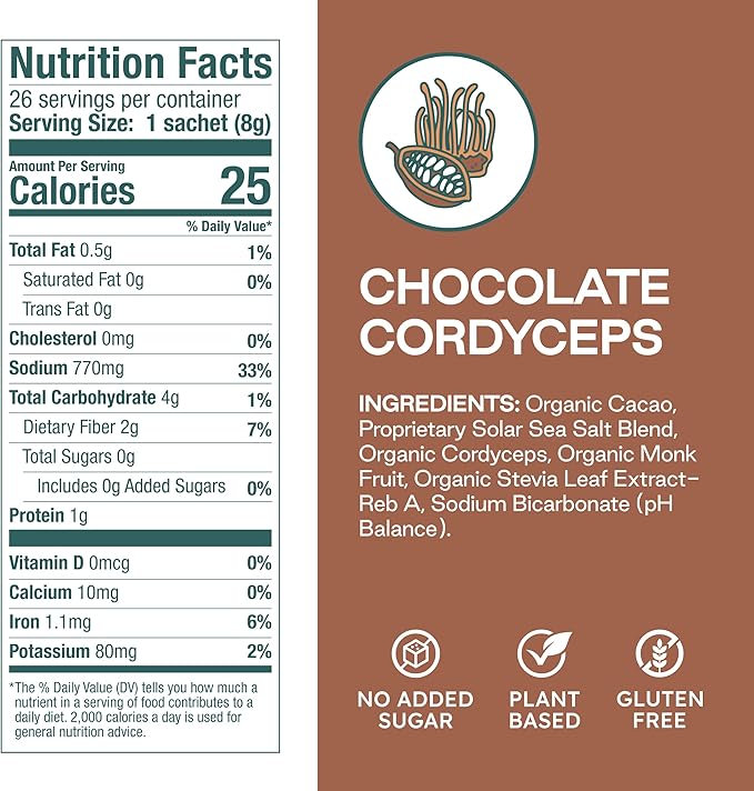 Organic Chocolate Hydration Powder Packets with Solar Sea Salts & Organic Freeze-Dried Fruit for Instant Hydration, No Added Sugar Electrolytes, 26 Packets
