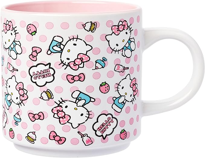 Silver Buffalo Hello Kitty Polka Dot Food Scribble Single Stackable Ceramic Mug, 13 Ounces