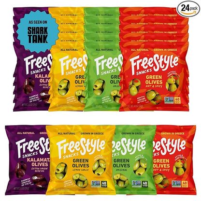 Freestyle Snacks Olive Snack Packs - 24 Pack Variety - Original Green, Hot & Spicy, Lemon Garlic, and Kalamata - Grown in Greece, All Natural, Non-GMO, Paleo, Sugar-Free, Keto Snack, 1.1oz (24 Pack)