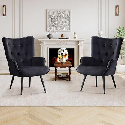 Furniliving Velvet Accent Chair Modern Upholstered Side Armchair with Tapered Legs Tufted Button Wingback Sofa Chairs Tall Back Reading for Living Room Bedroom Waiting Room, Black