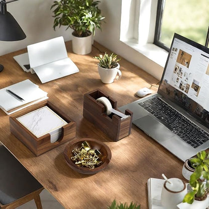 MultiBey 3pcs Walnut Office Supplies Desk Organizers, Wooden Sticky Notes Pad Holder Post it Dispenser, Paper Clips Holder and Tape Dispenser Cutter for Office Home School