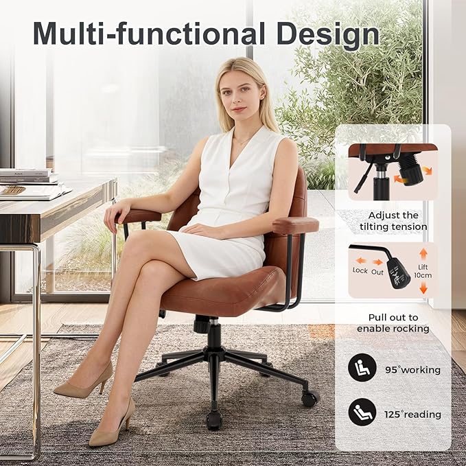 IWMH Home Office Chair, PU Leather Ergonomic Desk Chair with Armrests, Mid-Century Modern Executive Task Chairs, Height Adjustable (Brown)