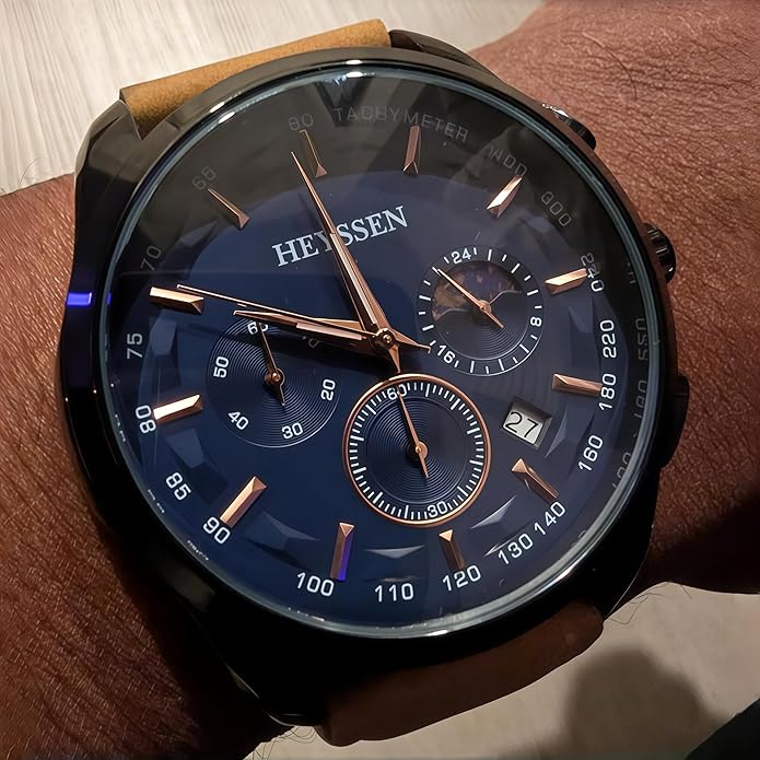 Watches for Men Chronograph Analog Luminous Quartz Watch Blue Black Luxury Genuine Leather Mens Watches Business Sports Waterproof Wristwatch Elegant Gift for Him