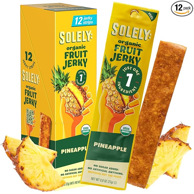 SOLELY - Organic Pineapple Fruit Jerky - 12 Individually Wrapped Strips - Fruit Leather Made from Dried Fruit - Healthy Snacks for Adults & Kids - Non GMO, Vegan Snacks - 0.8oz (23g)