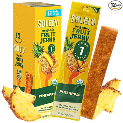 SOLELY - Organic Pineapple Fruit Jerky - 12 Individually Wrapped Strips - Fruit Leather Made from Dried Fruit - Healthy Snacks for Adults & Kids - Non GMO, Vegan Snacks - 0.8oz (23g)