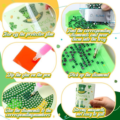 Saillong 12 Pack St Patrick's Day Diamond Painting Greeting Card Kits Green Shamrock Diamond Art Cards with Envelopes 5D Rhinestones Painting Making Kit for Adults DIY Craft Family Friend Holiday Gift