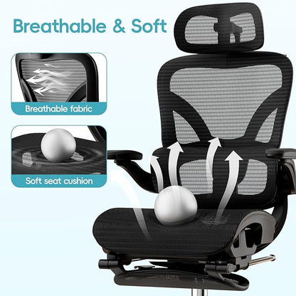 Alllion Ergonomic Mesh Office Chair, Home Desk Chair Comfy High Back with Adjustable Lumbar Support, 3D Headrest, Flip-up Arms, Big and Tall Reclining Computer Gaming Chairs for Men Women, Black