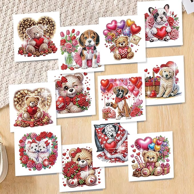 jinglinhh 12pcs Diamond Art Painting Valentine's Day Bear Dog Rose Flower Balloon Wreath Greeting Cards with Envelopes, DIY Card Making Kits for Adults, Diamond Art Holiday Birthday Cards Craft Gifts