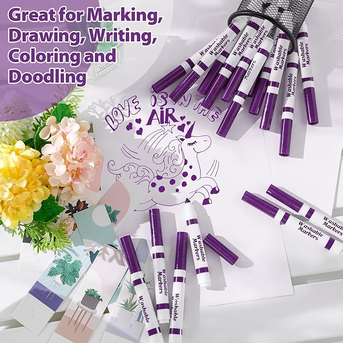 Janlaugh 36 Pcs purple Washable Markers Bulk Coloring Broad Line Markers for Kids purple Conical Tip drawing pen for School Supplies, travel Art baby shower gender reveal party Supplies, Ages 6+