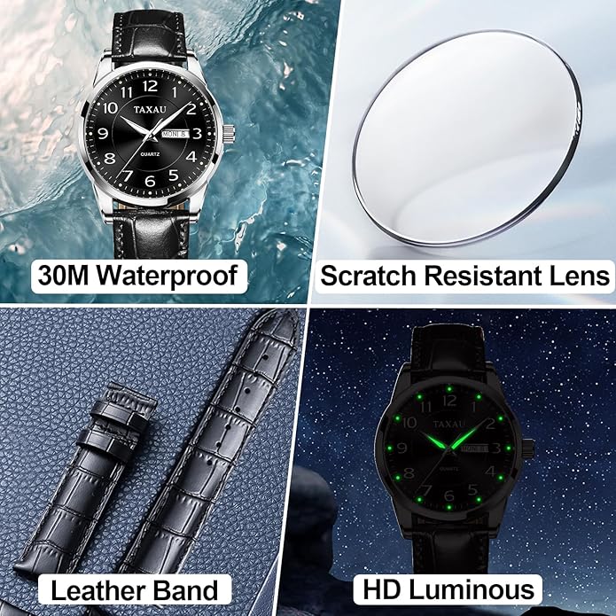 Men's Watch Big Face Easy Read Arabic Numeral Dress Watches for Men Classic Black Brown Leather Band Analog Mens Wrist Watch with Day and Date Fashion Business Waterproof Luminous Quartz Watch