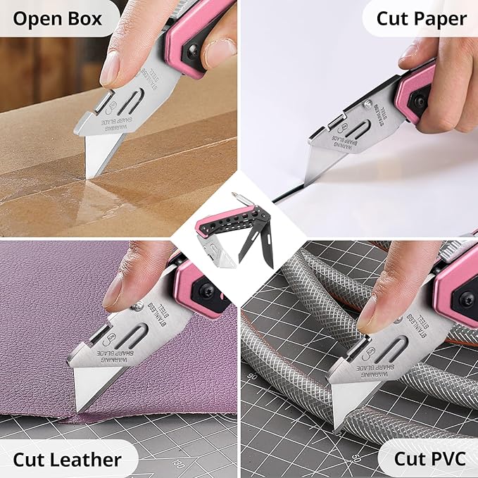 Pink Box Cutter Knife, Folding Utility Knife, 6 in 1 Razor Pocket Utility Knives Multitool with Clip, 5 Razor Blades, Screwdriver, Saw, Safe Lock, Work Knives, EDC Gadgets Gifts for Men Women