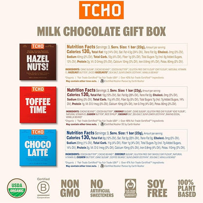 TCHO Organic Milk Chocolate Gift Box – 100% Plant-Based% Vegan - Gourmet Selection of Choco Latte, Hazel Nuts, and Toffee Time - Gluten-Free, Soy-Free, Pure Cacao Bars - 6 Bars