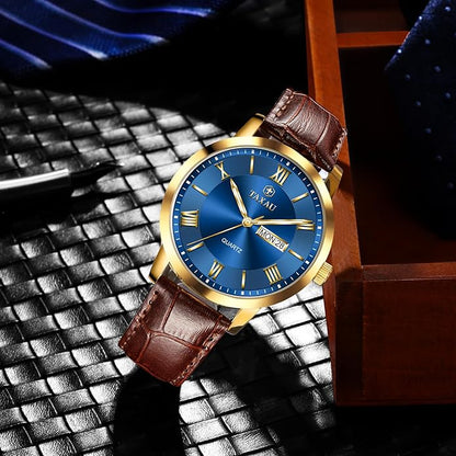 Men's Watch Big Face Easy Read Arabic Numeral Dress Watches for Men Classic Black Brown Leather Band Analog Mens Wrist Watch with Day and Date Fashion Business Waterproof Luminous Quartz Watch