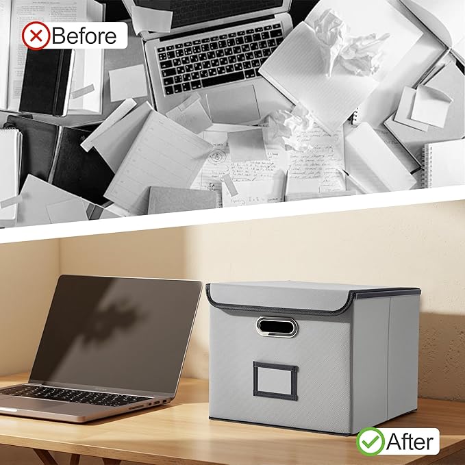 Collapsible File Box with Lid & Plastic Slide - Hanging Document Organizer for Office/Home, 14.96x12.6x10.83 Inch,Decorative Home File Bin,Light Grey,2 Pack (No Folders Included)
