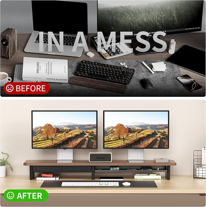 Large Dual Monitor Stand For Desk,43 Inch Desktop Computer Riser with Metal Drawer Desk Shelf Organizer For Computer/Laptop/PC/Printer/TV