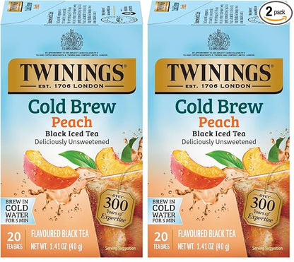 Twinings Peach Cold Brew Iced Tea Bags, 20 Count (Pack of 2), Unsweetened Flavoured Black Tea, Caffeinated, 20 Teabags