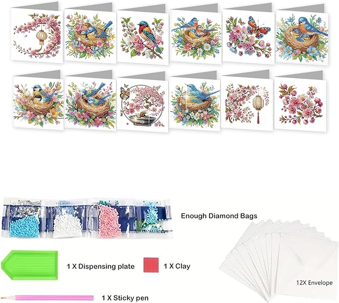 jinglinhh 12pcs Diamond Art Painting Bluebird Flowers Greeting Cards with Envelopes, DIY Card Making Kits for Adults, Diamond Art Christmas Cards for Birthday Holiday Postcards Craft Gifts
